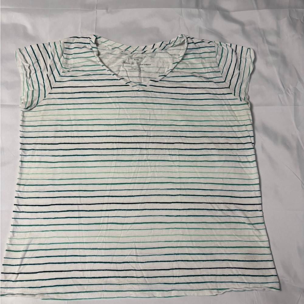 Denver Hayes White and Green Striped V-Neck Tee